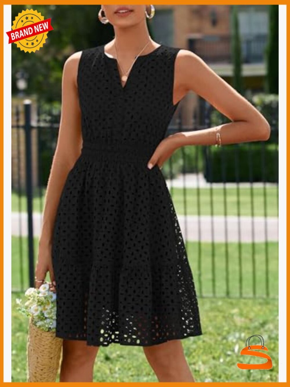 Sleeveless V Neck Eyelet Hollow Out A Line Swing Beach Sun Dress - Picture 5 of 7